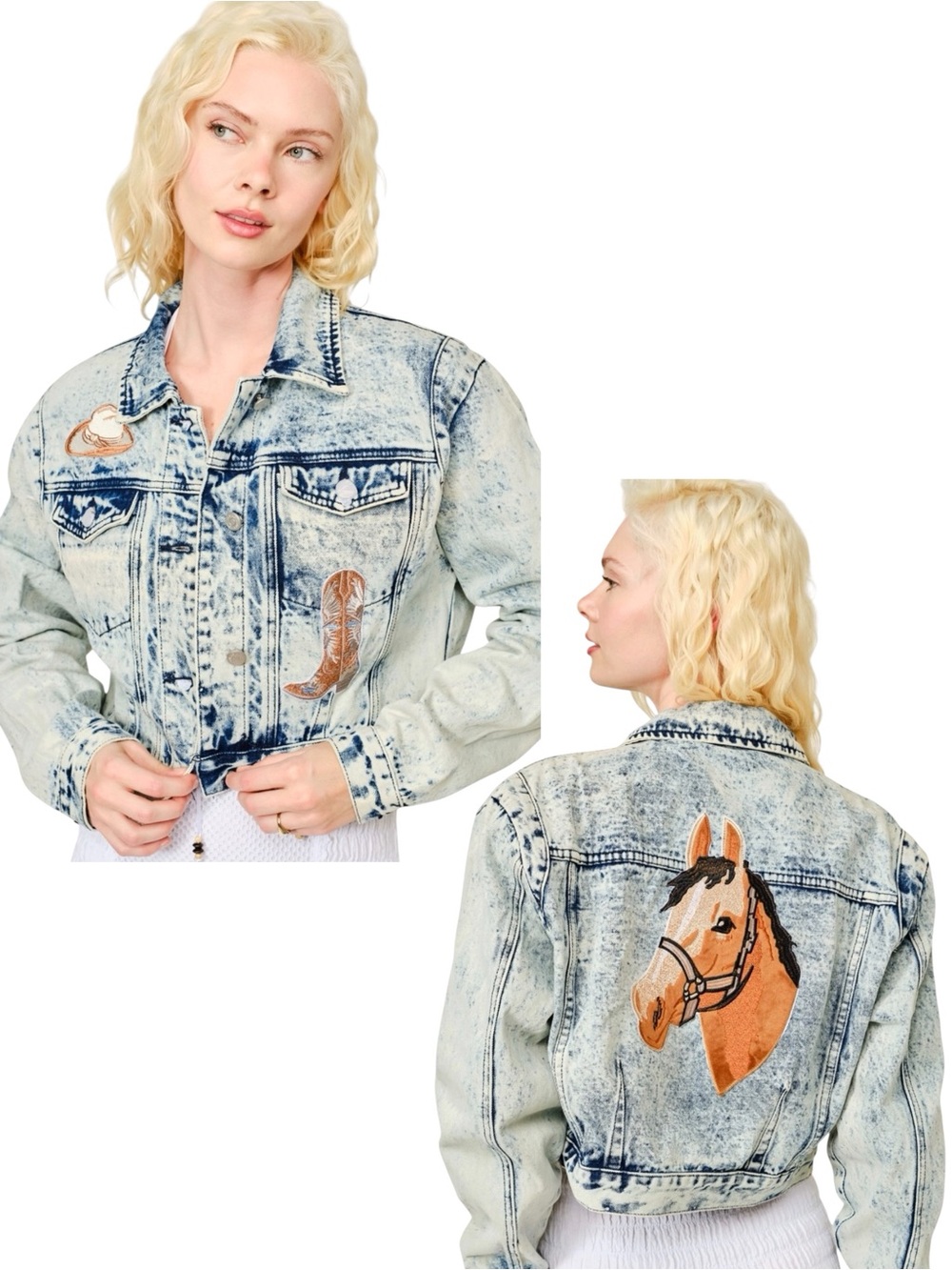 NEW Blue b Washed Denim Embroidered Horse Cowboy Boot Hat Patches Jean Jacket
